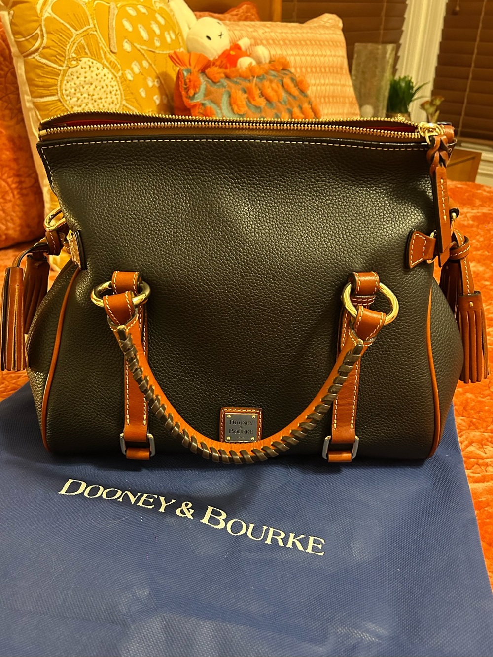 Dooney & Bourke Black Pebbled Leather Satchel with Brown Trim and Gold Hardware